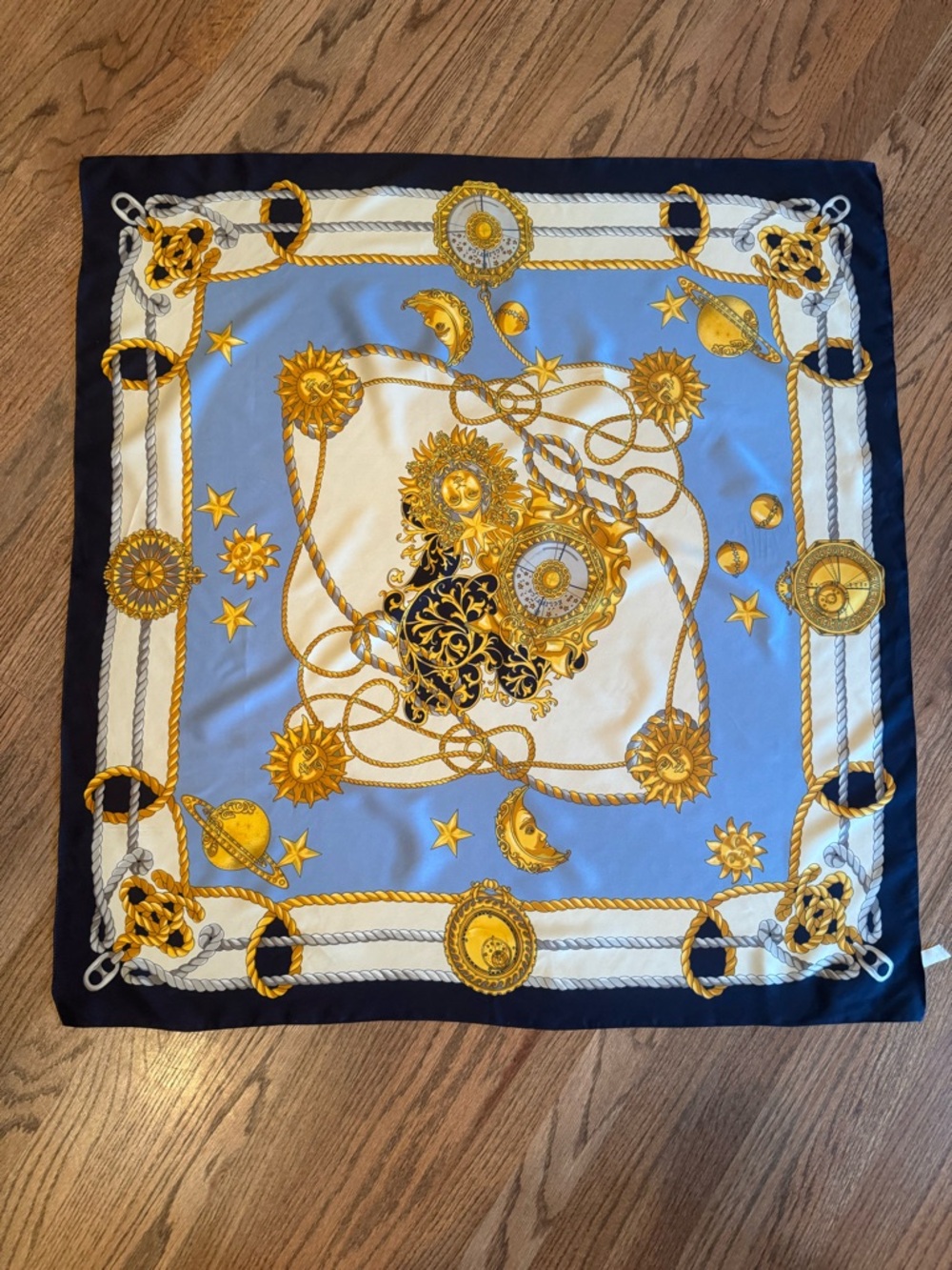 Highly Collectible Italian Silk Astrological/Sun Scarf in Blue, Gold, and White